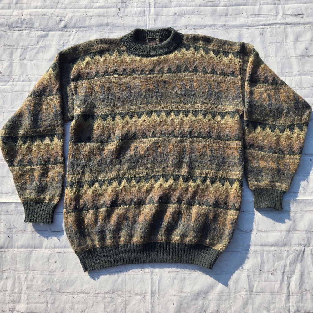 Vintage Baby Alpaca Wool Sweater Mens Large Green Brown Fair Isle Geometric Knit